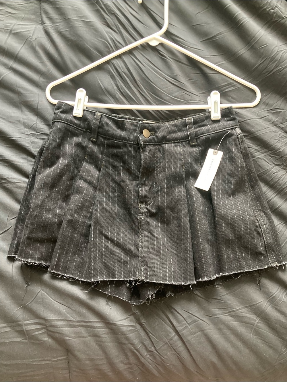 Maeve Black Pinstripe Denim Skort with Frayed Hem